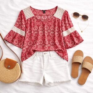 Forever 21 Red Patterned Lace-Inset Bell Sleeve Top